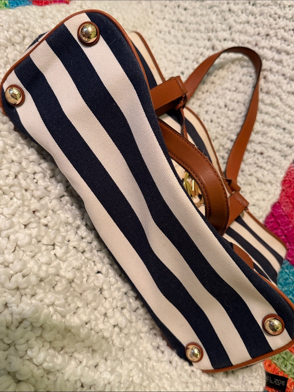 Michael Kors Navy and White Striped Tote with Brown Trim - Picture 8 of 8
